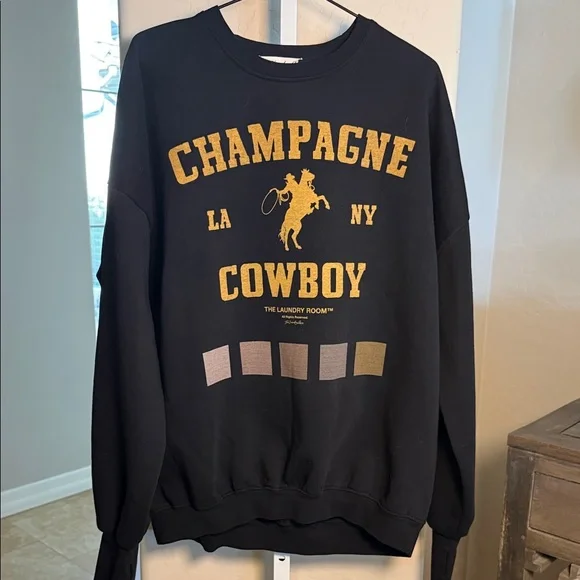 The Laundry Room Black and Gold Champagne Cowboy Crewneck Sweatshirt - Picture 1 of 4